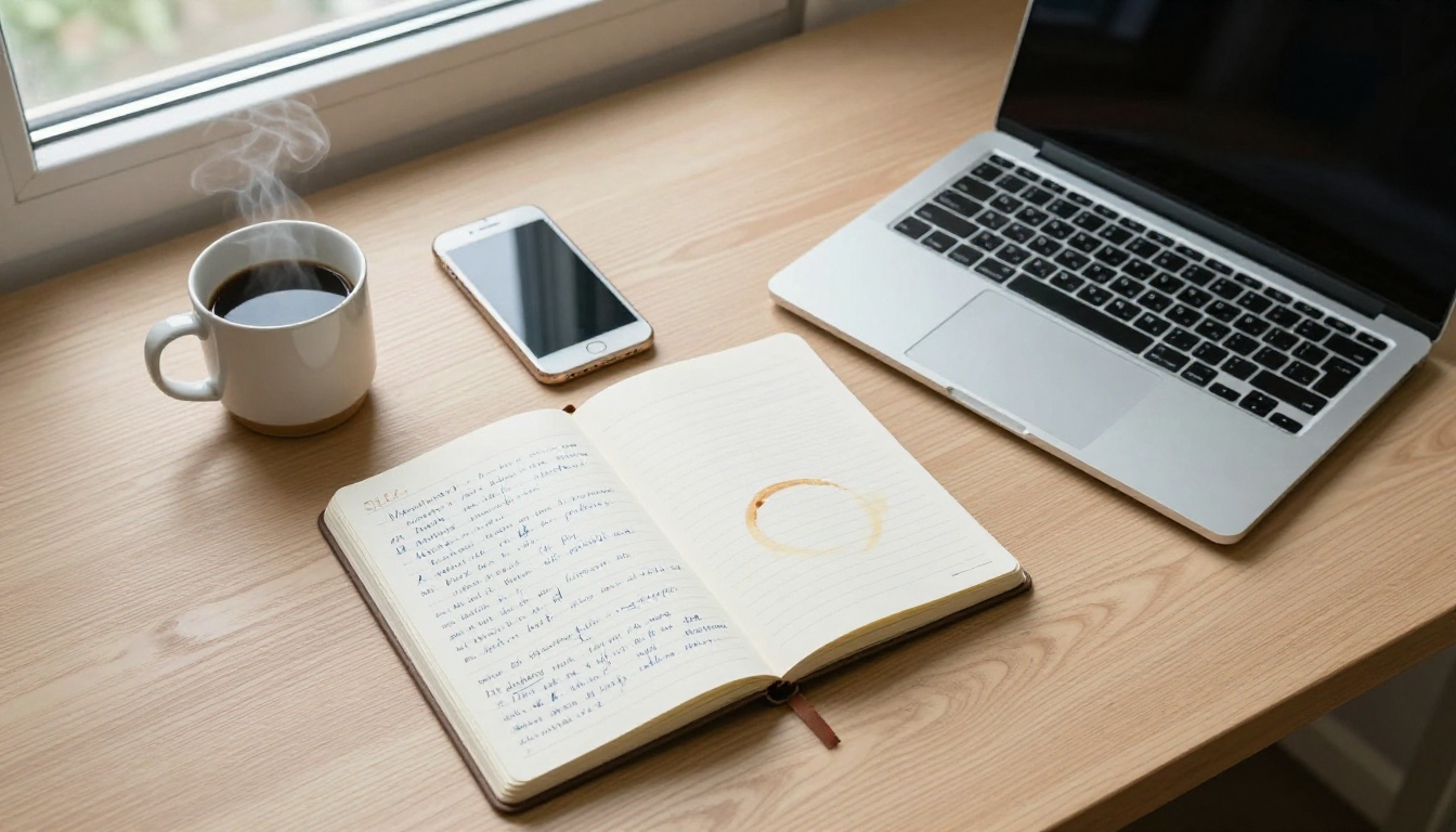 An overhead aerial view of a clean workspace with notebook, coffee, and laptop on birch wood