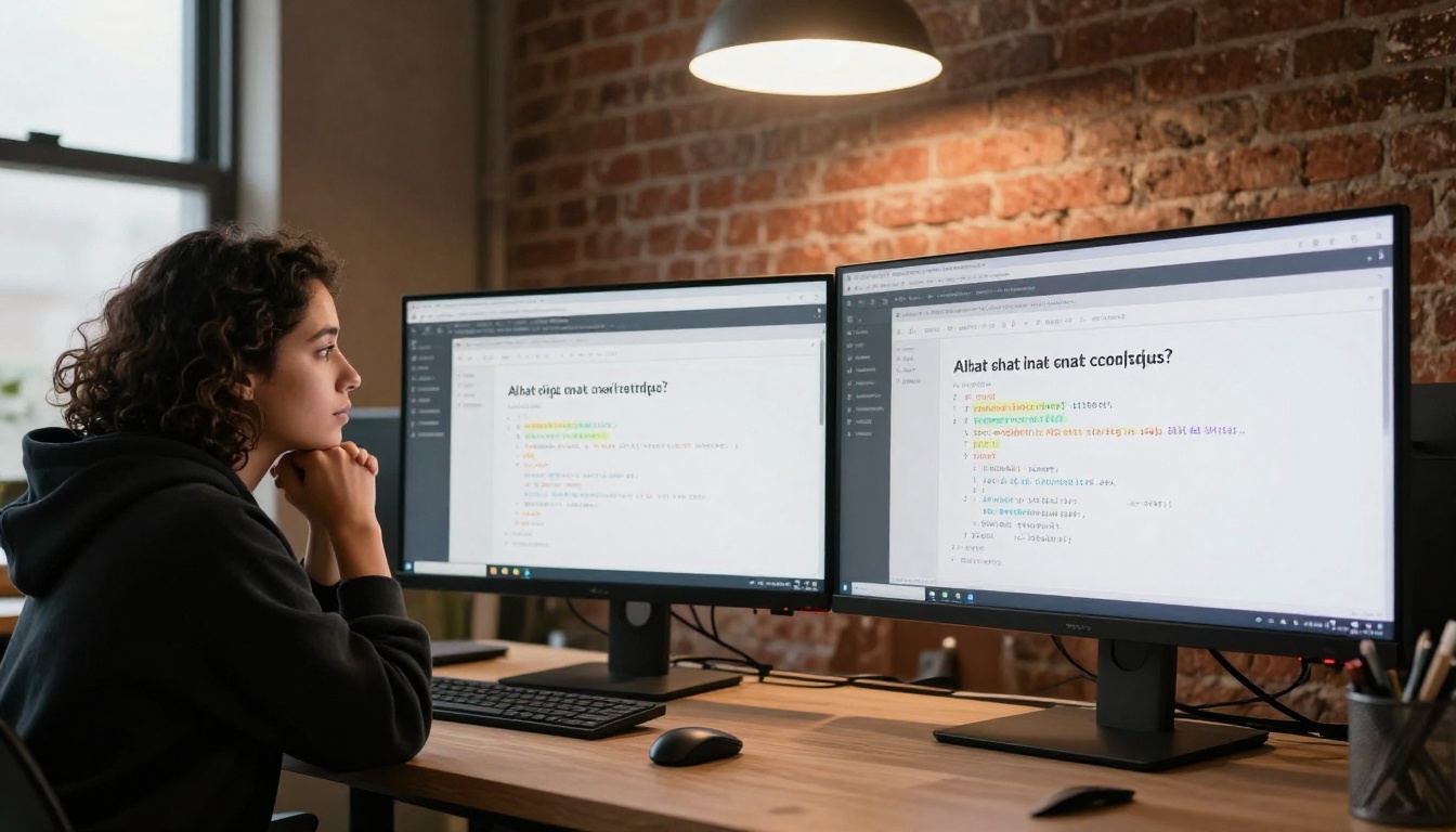 Developer studying two AI interfaces side by side on an ultrawide monitor