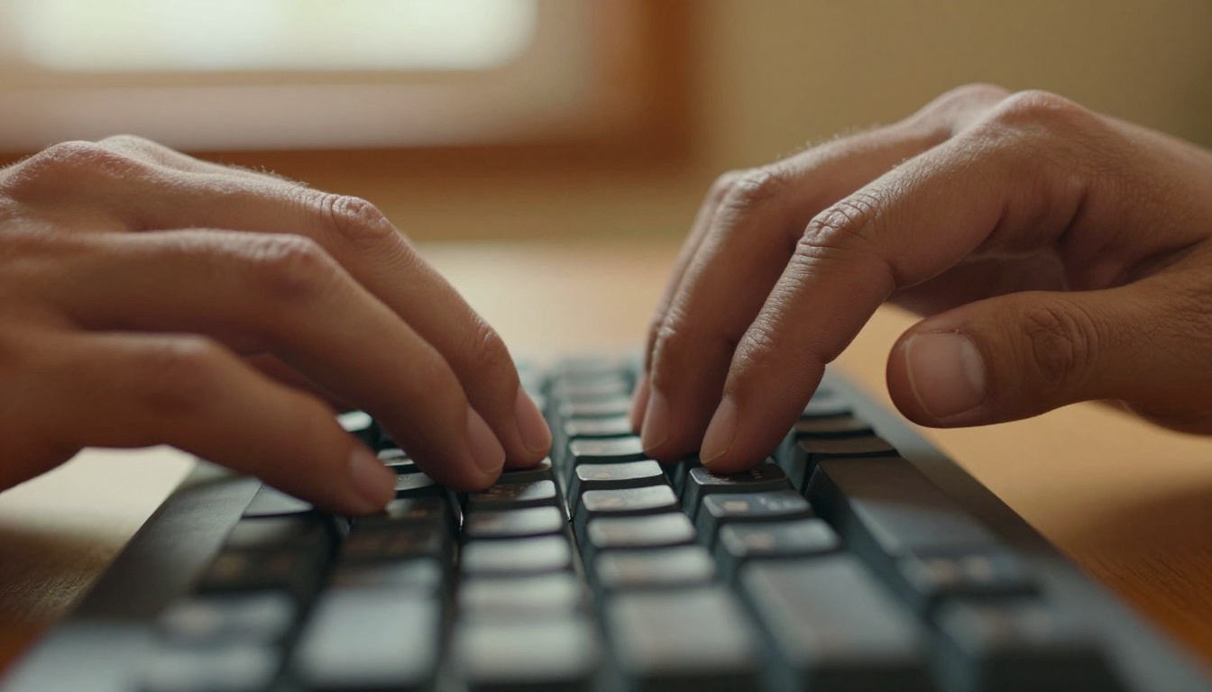 Close-up of hands typing on a mechanical keyboard, fingers in motion