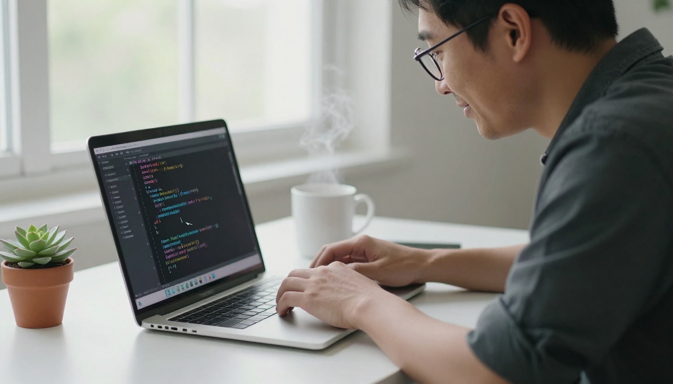 Developer reviewing AI autocomplete suggestions on a laptop