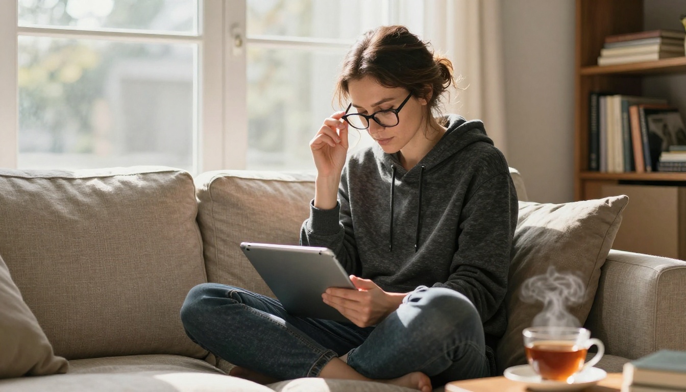 Woman reading from a tablet on a linen sofa in warm morning light
