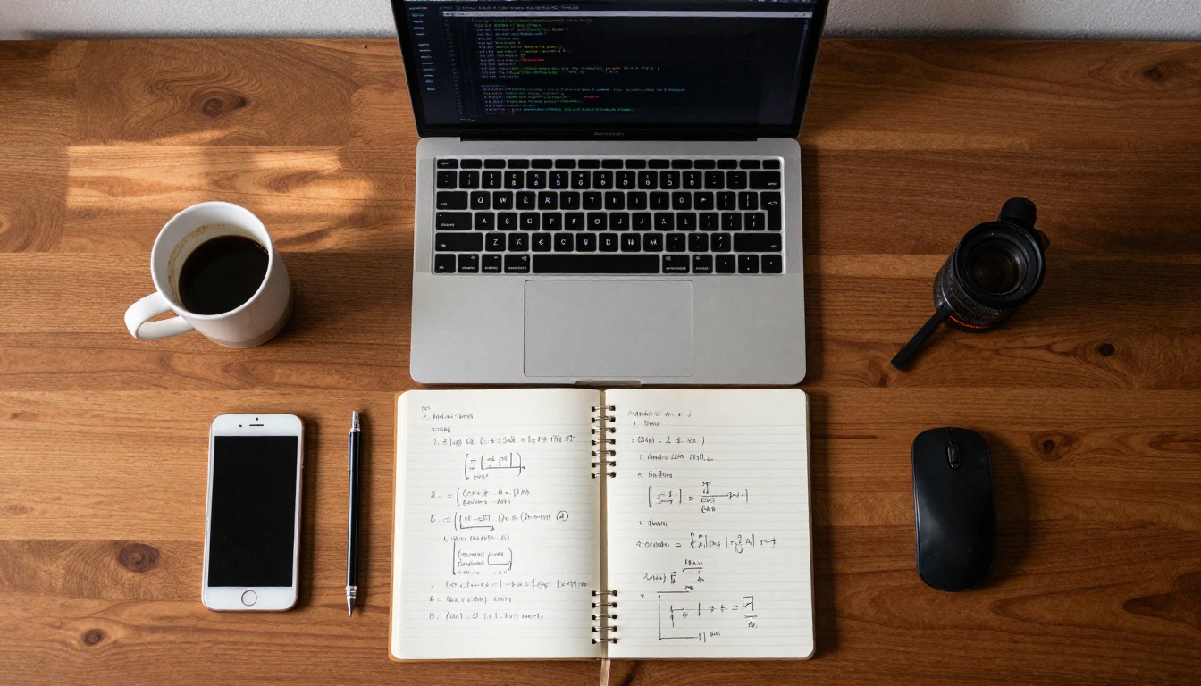 Aerial overhead view of programmer's desk with notebook and laptop