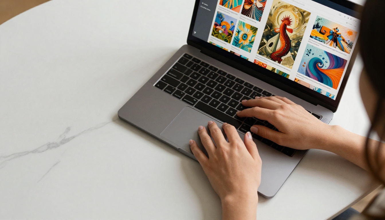 Hands typing on laptop keyboard with AI-generated artwork grid visible on screen