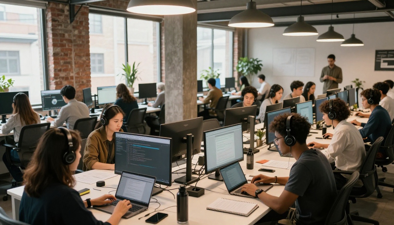 Wide shot of a diverse tech startup team working at communal desks in a modern office