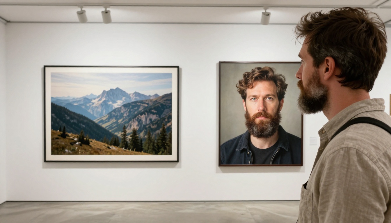 Bearded creative director examining two framed photorealistic prints in white gallery space