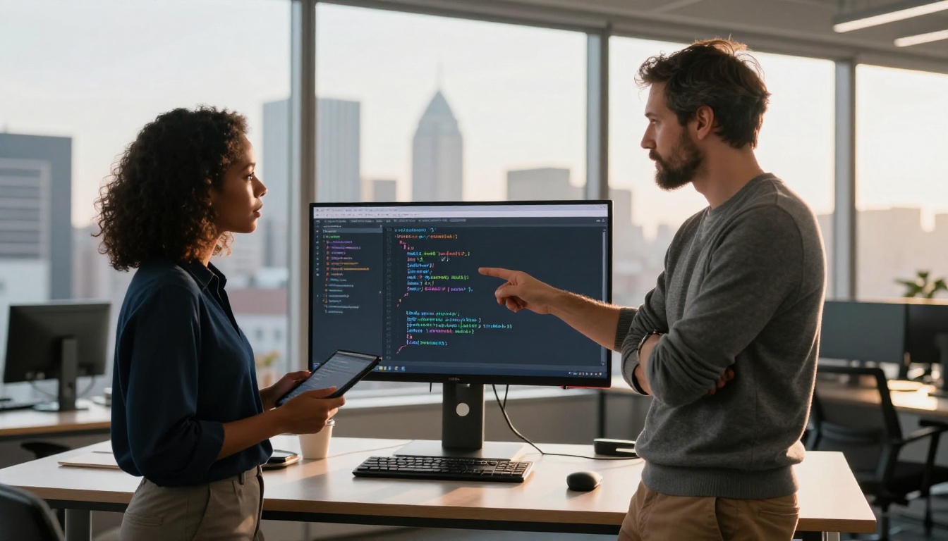 Two developers at a standing desk reviewing AI-assisted code on a large monitor