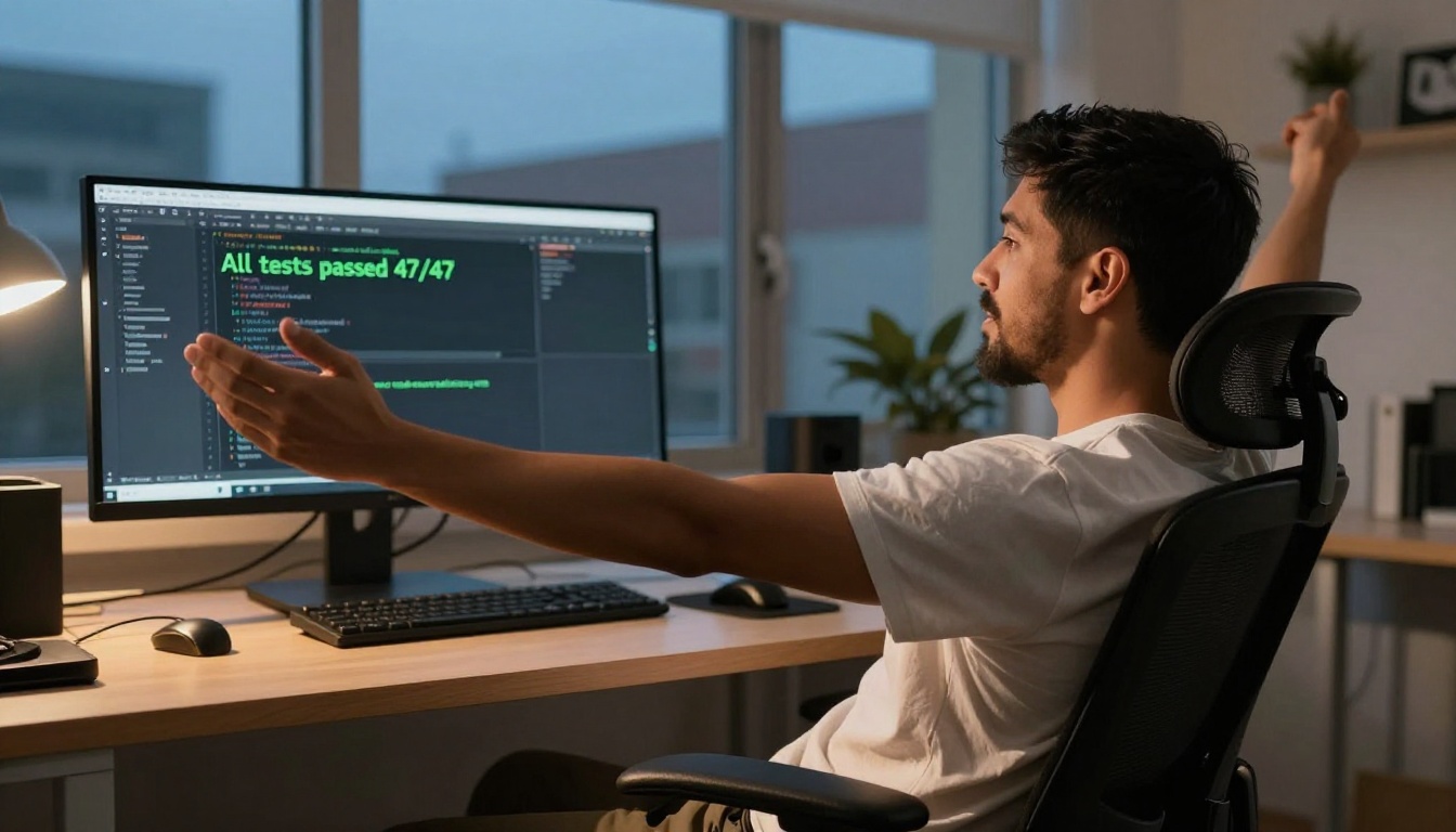 Developer leaning back in ergonomic chair after successful code run