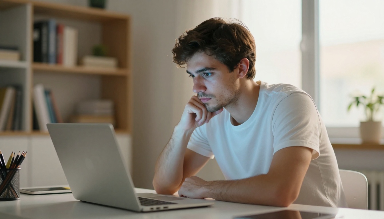A focused professional analyzes AI outputs at a clean modern desk with soft golden-hour light