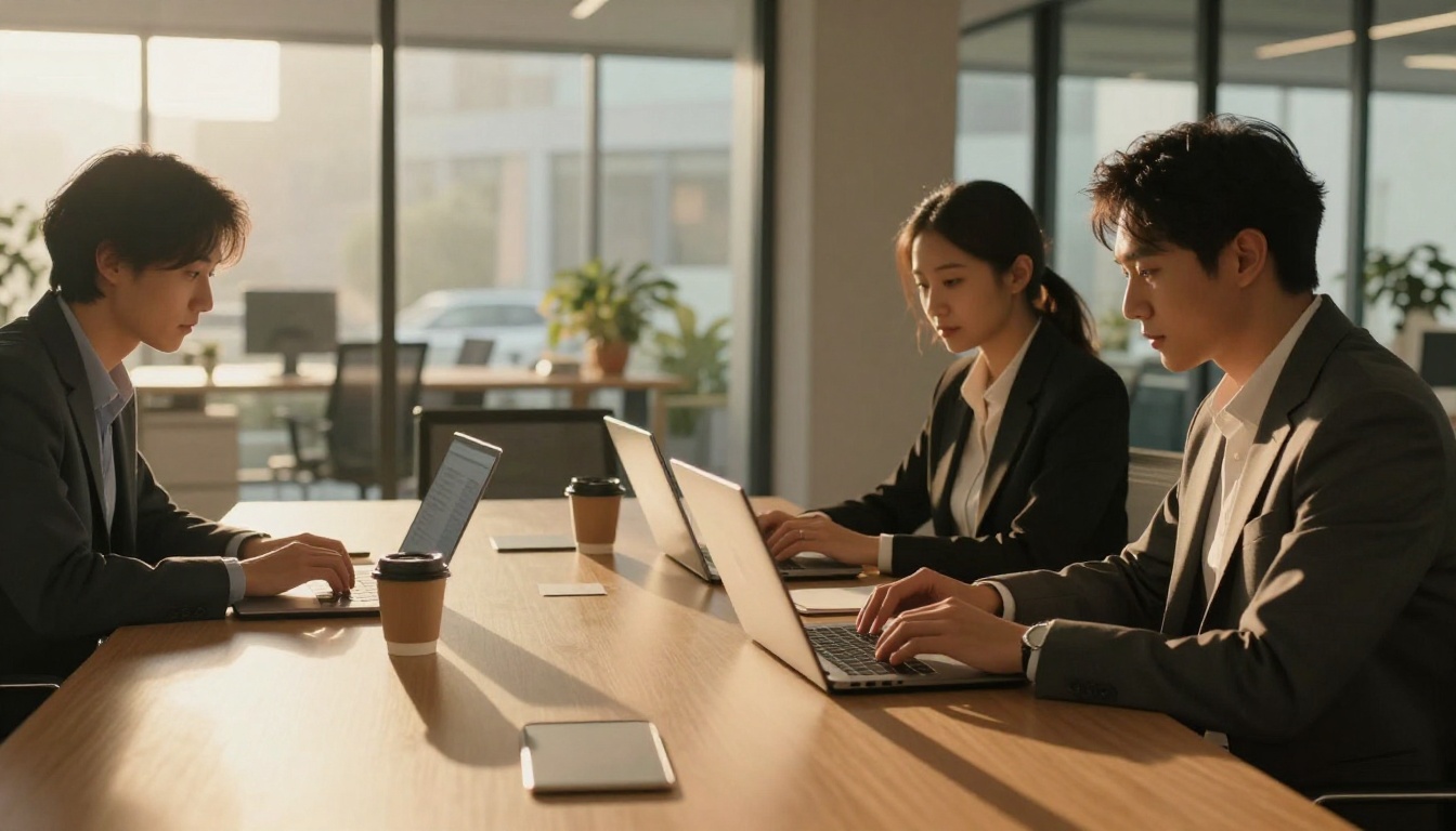 Two professionals compare outputs on laptops at a glass-walled conference table in amber afternoon light