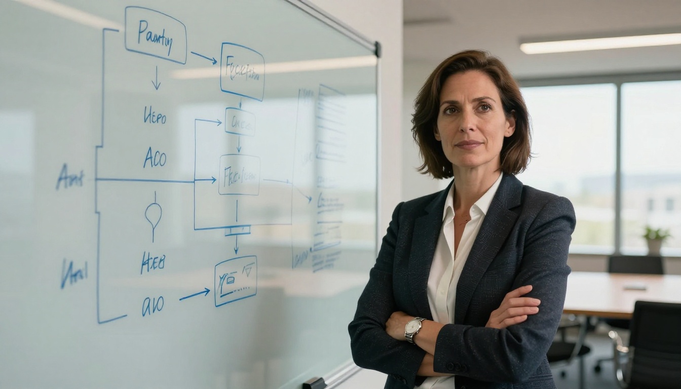 Confident woman standing in front of a glass whiteboard with diagrams in a conference room