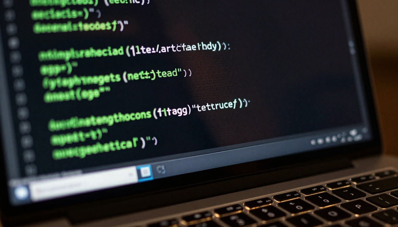 A dark IDE screen displays scrolling code with keyboard backlight glowing in the foreground