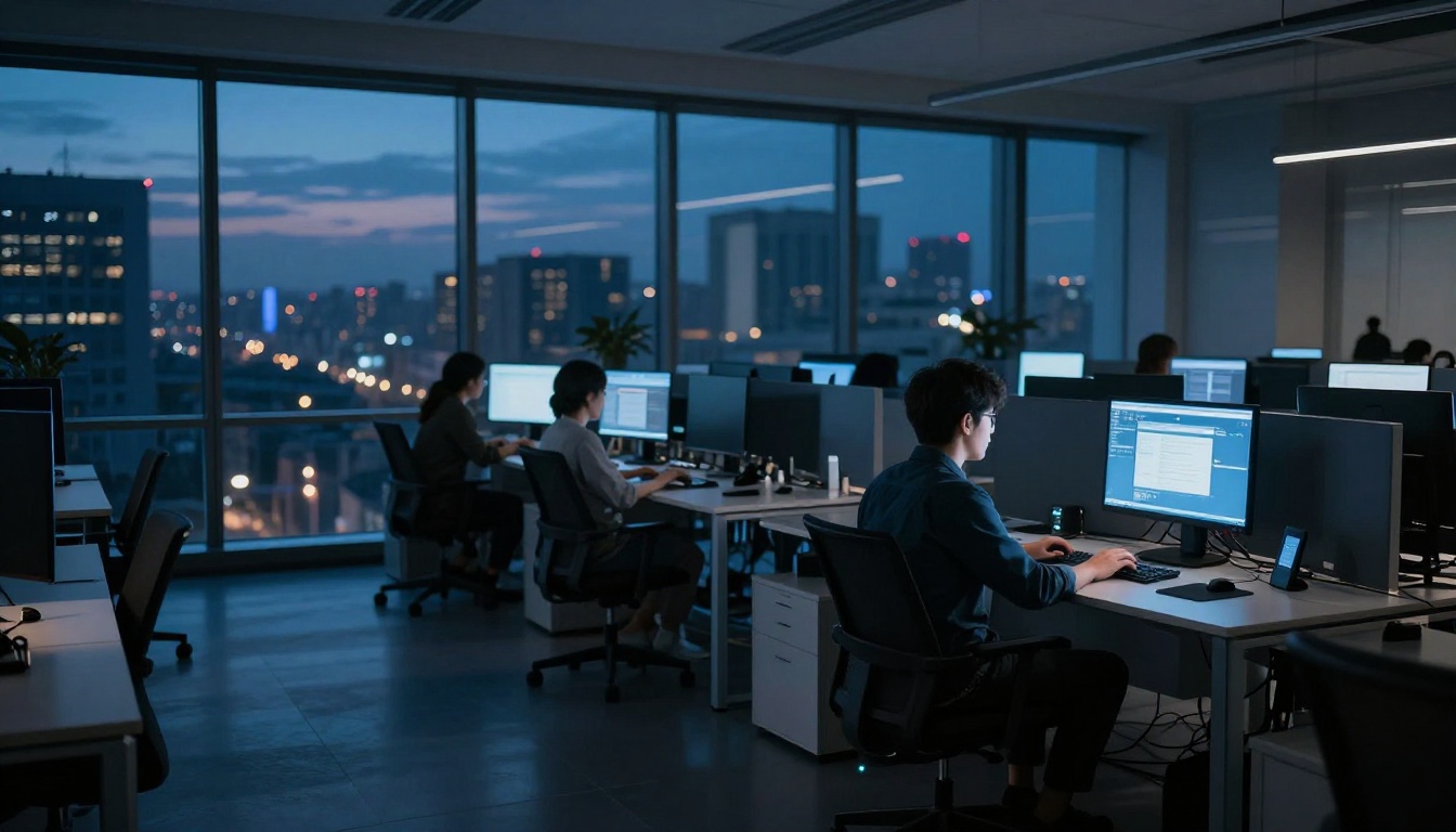 Wide modern tech office at dusk with lone developer at corner workstation
