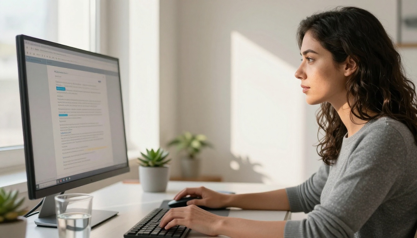 A woman works at a bright home office monitor in focused morning light, her profile sharp against soft window glow