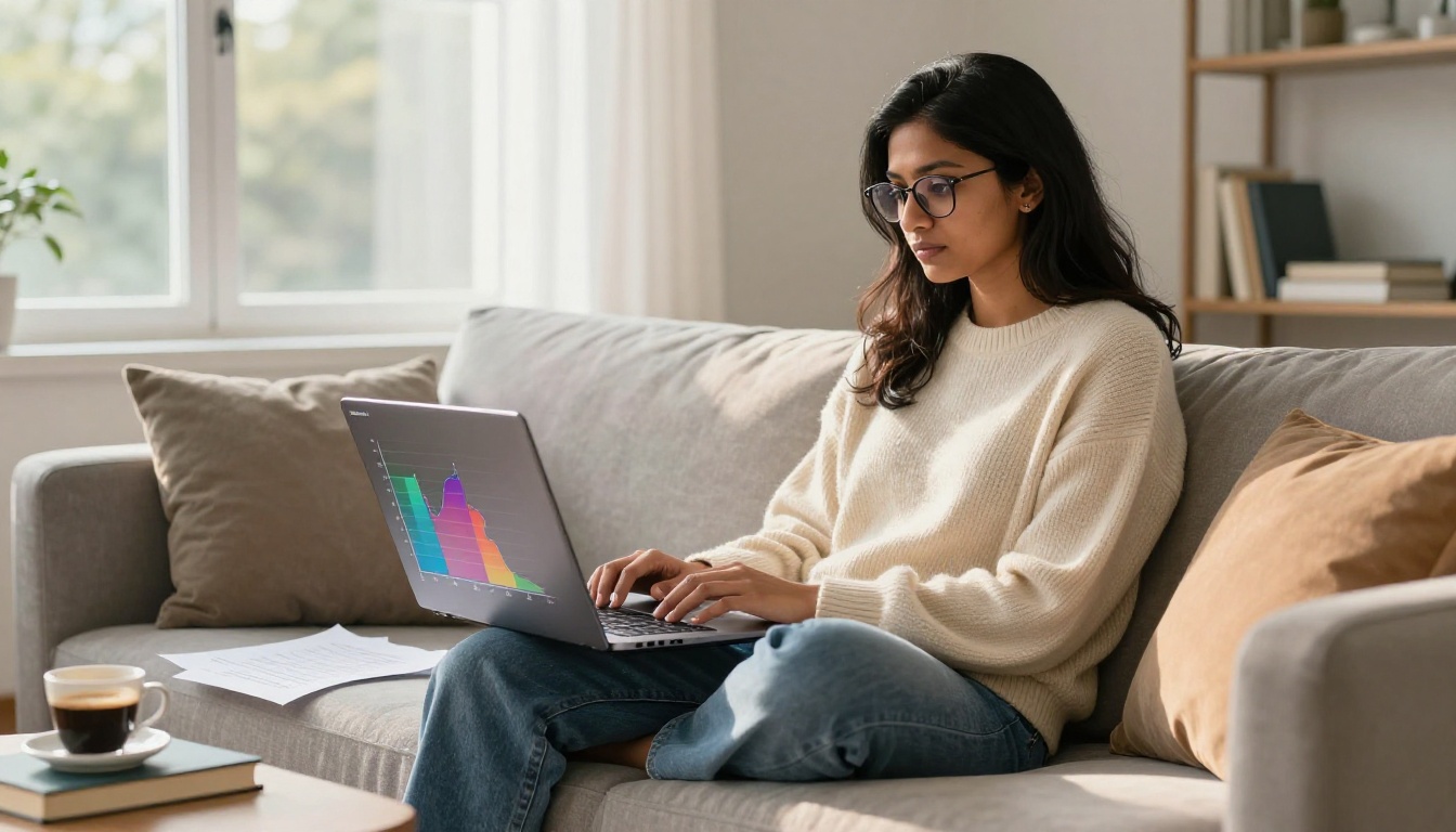 South Asian developer on couch reviewing AI model comparison benchmarks