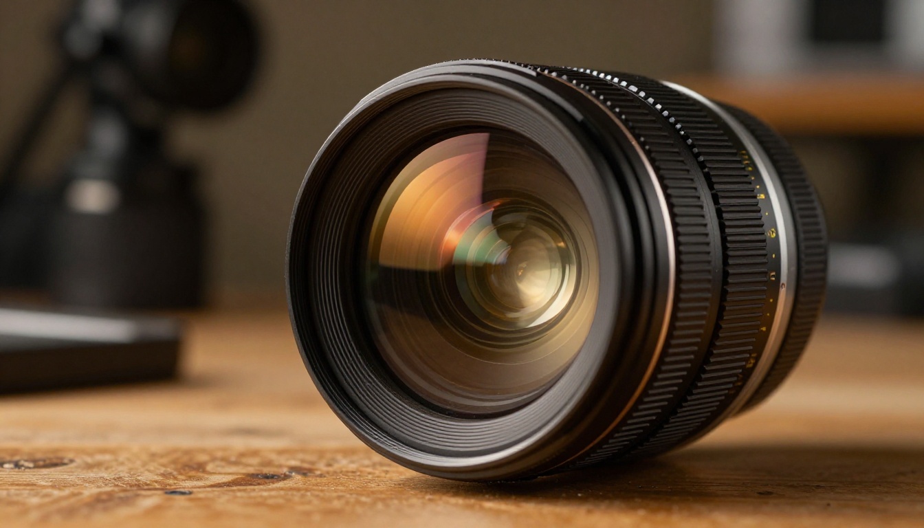 Professional camera lens on wooden table with studio softbox reflections in glass elements