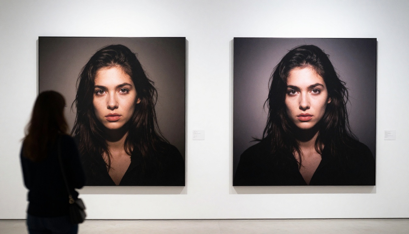 Two large photographic prints side by side on white gallery wall with viewer silhouette