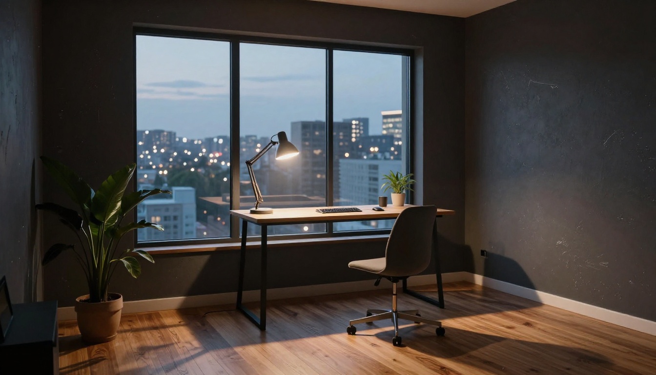 A minimalist home office at dusk with a warm desk lamp pooling light over a clean keyboard setup