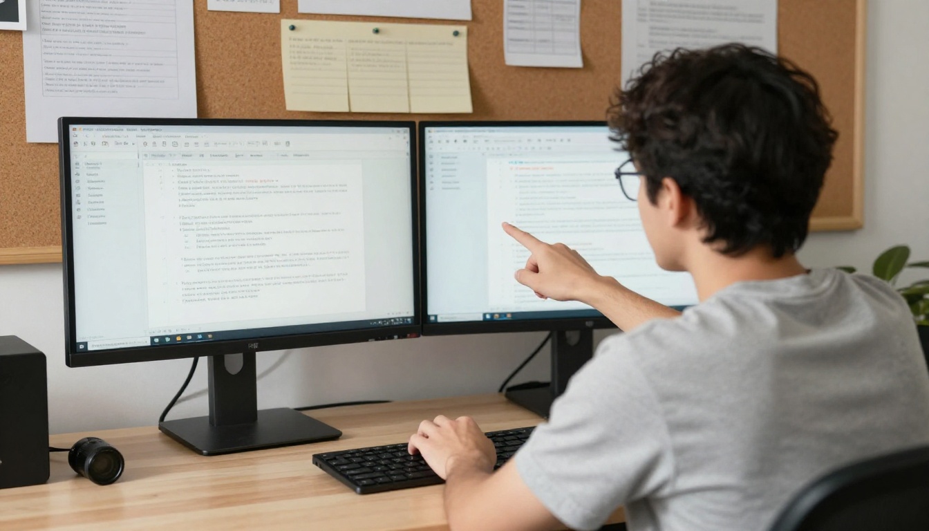 A developer points at a dual-monitor standing desk setup with afternoon skylights overhead