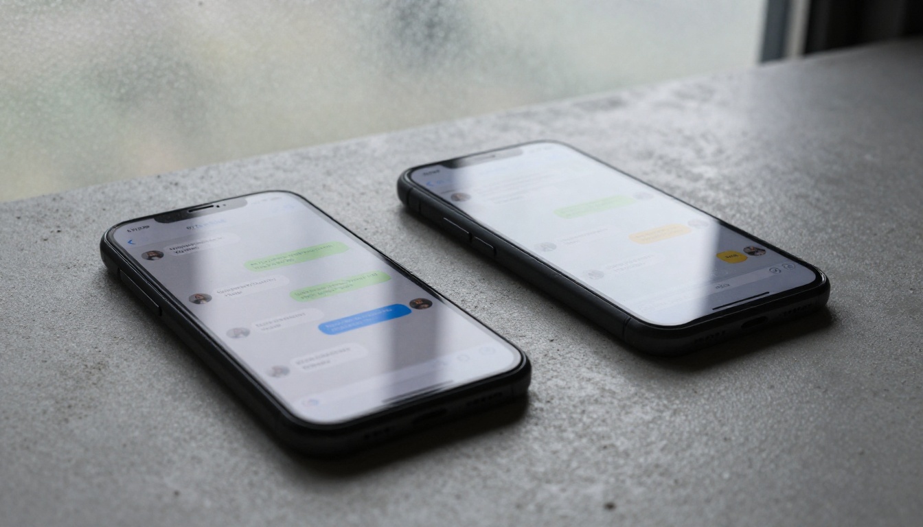 Two smartphones rest on concrete with chat interfaces glowing in even overcast light