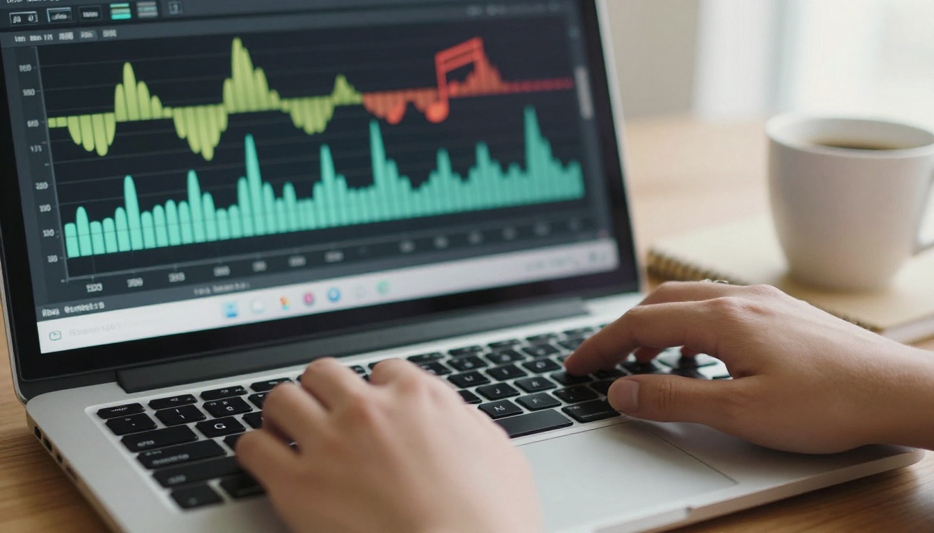 Laptop with music waveforms and digital audio workstation interface open on screen