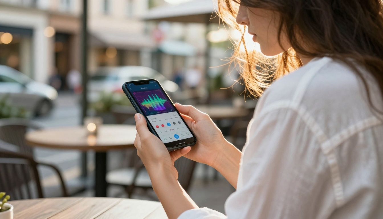 Young woman at outdoor cafe holding smartphone with audio waveform visualization app