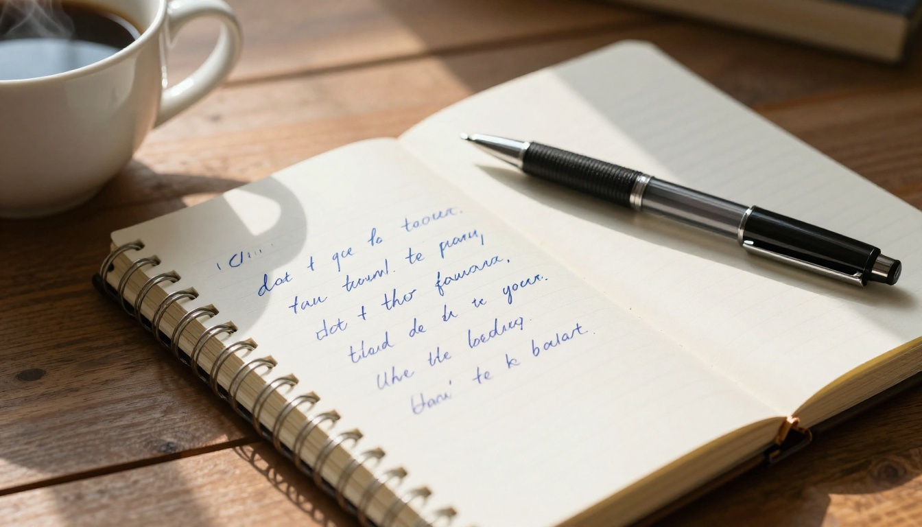 Handwritten song lyrics in open notebook beside pen and ceramic coffee mug