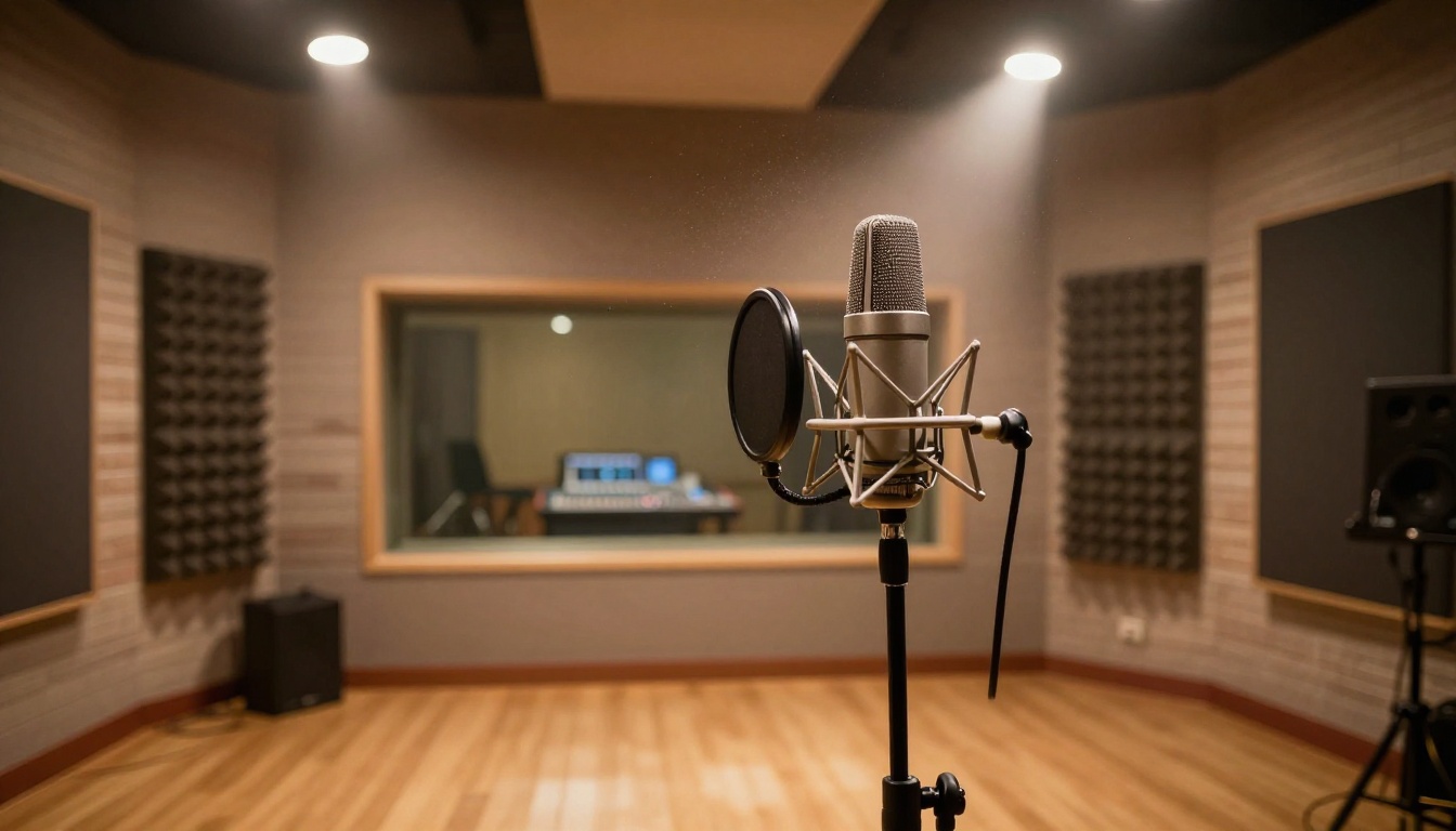 Professional recording studio vocal booth with large condenser microphone and acoustic foam panels