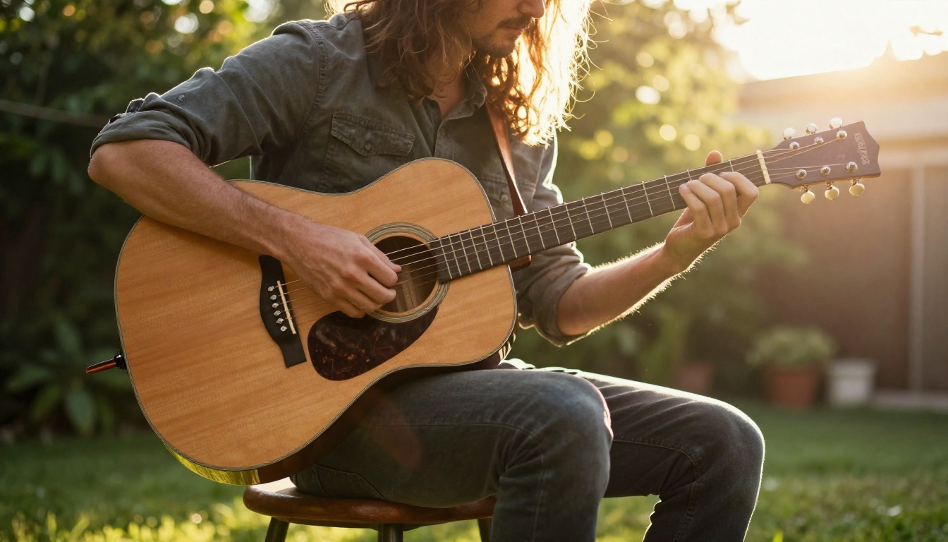 Acoustic guitarist playing in golden hour sunlight in a backyard garden