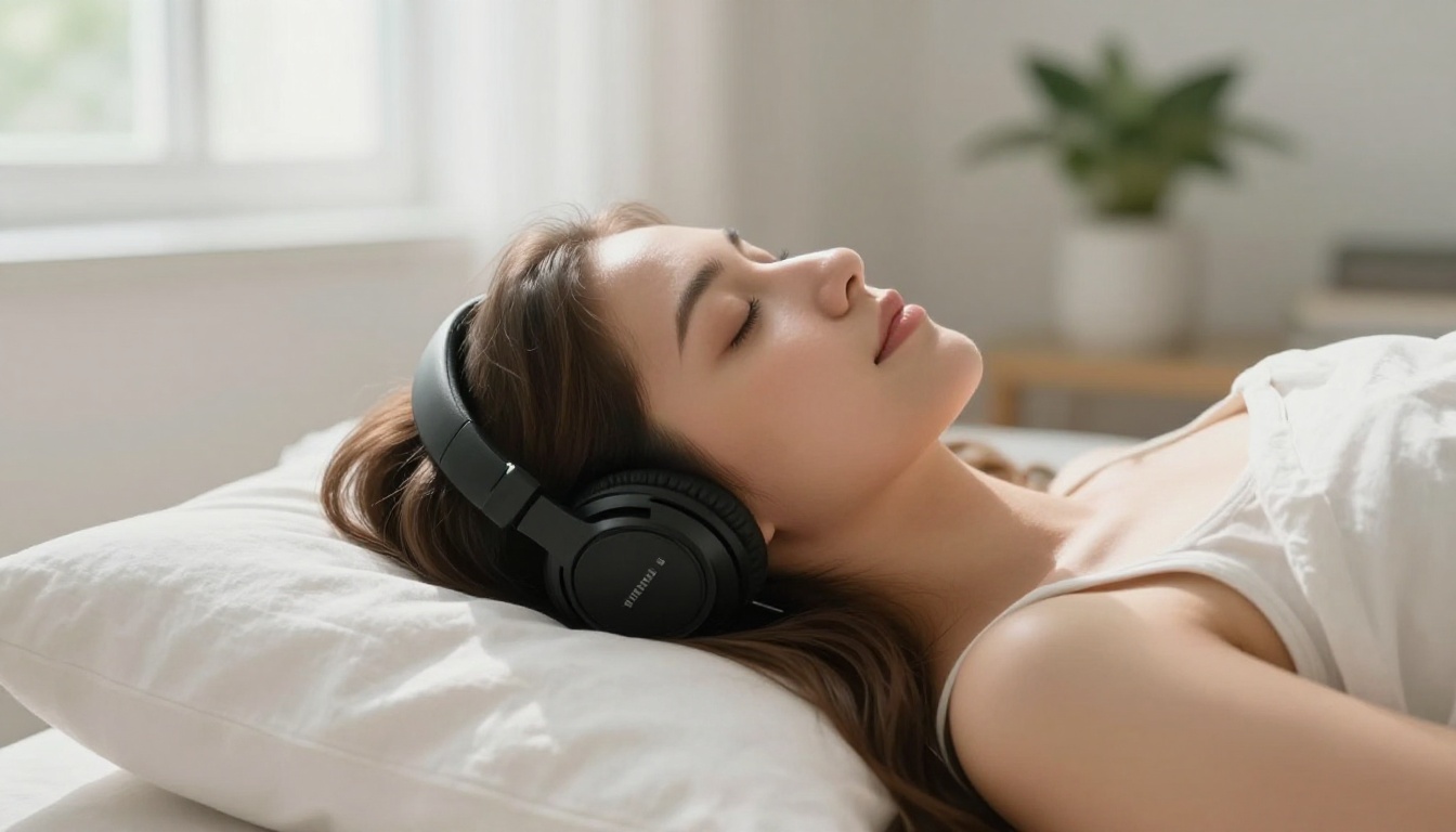 Young woman lying on white couch with over-ear headphones, eyes closed, relaxed