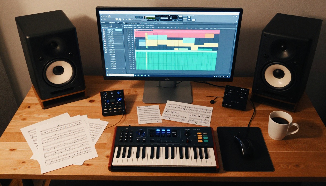 Music producer aerial overhead desk view showing DAW, MIDI keyboard, and studio monitors
