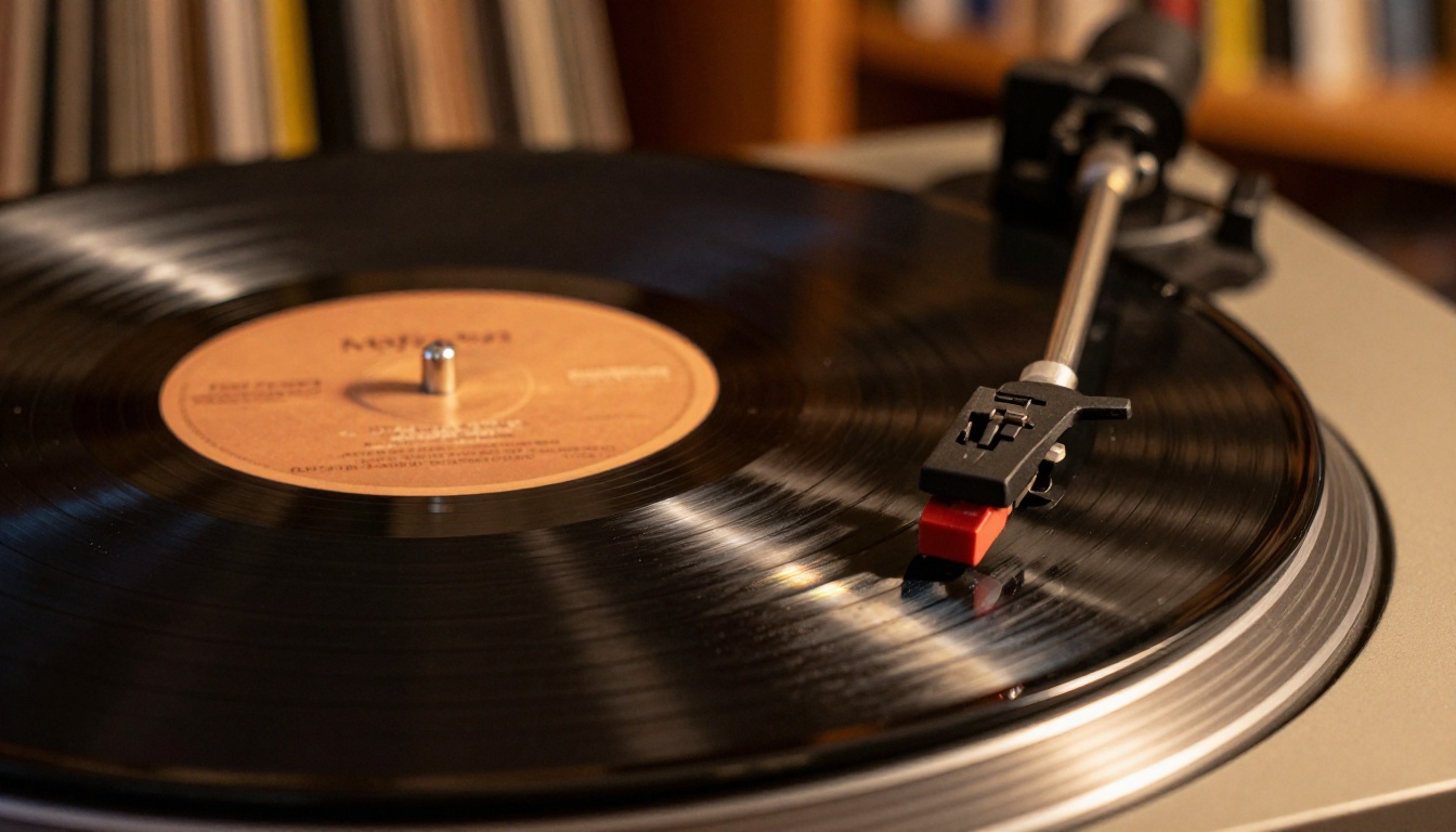 Black vinyl record spinning on turntable with warm amber light reflection