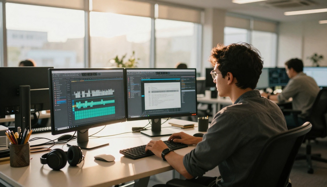 Creative professional at dual monitor workstation with audio editing software in bright open office
