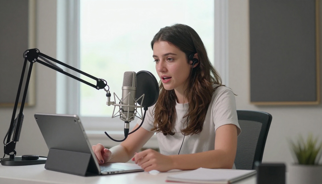 Voice actress recording in bright home studio