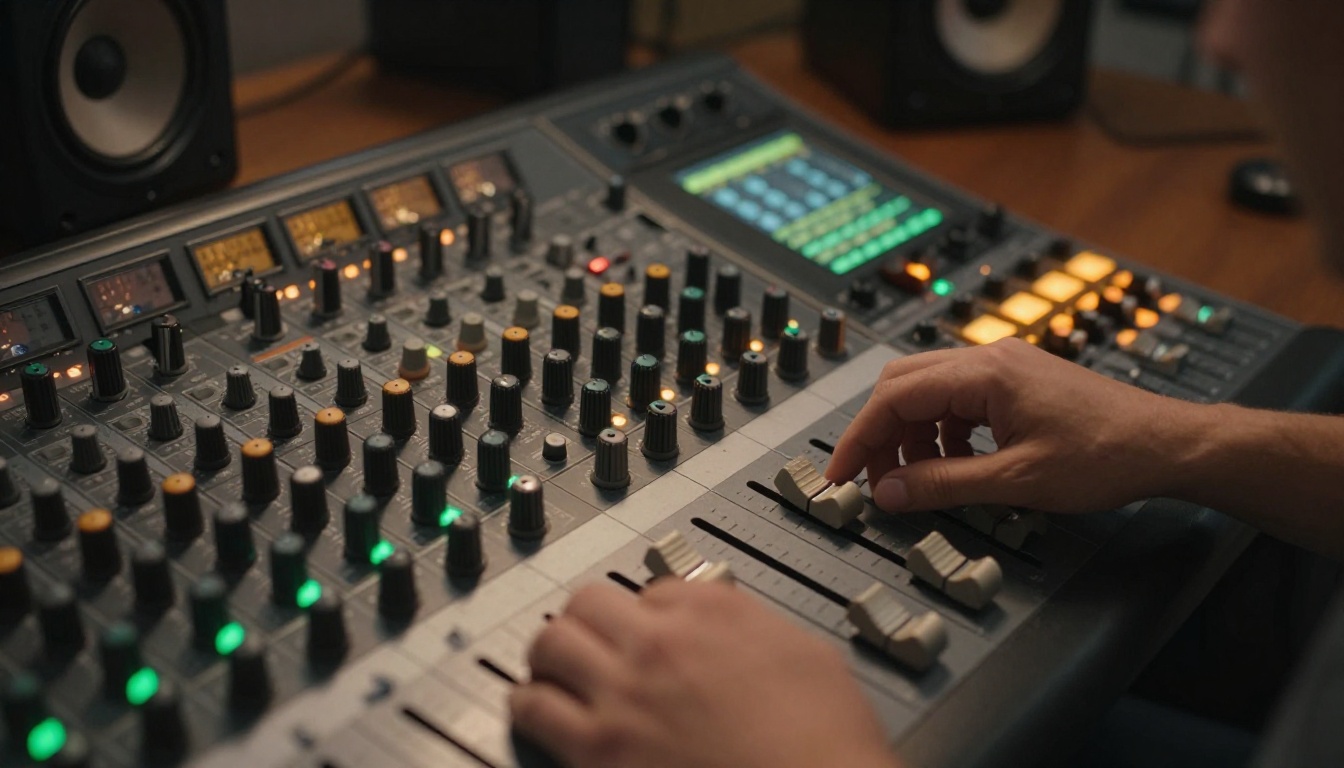 Professional audio mixing board from overhead angle