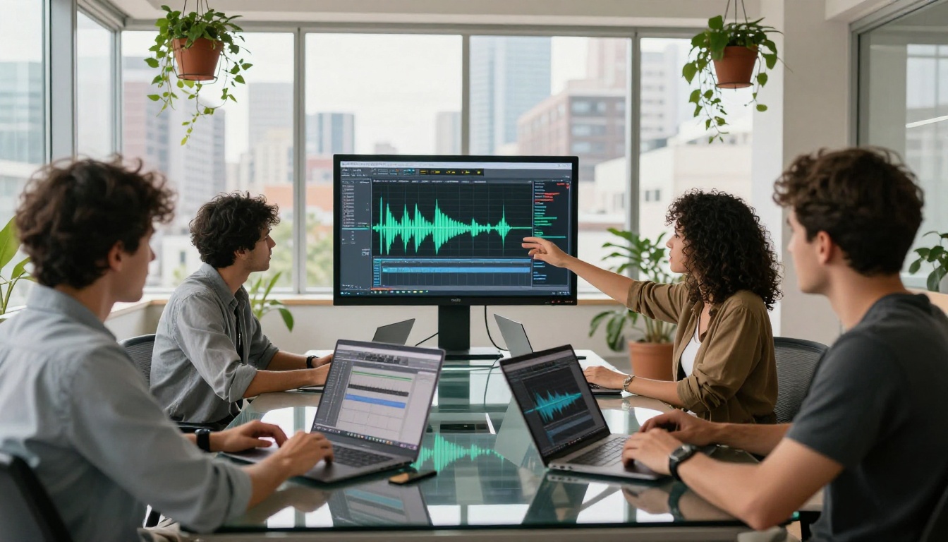 Team collaborating over audio software in modern conference room