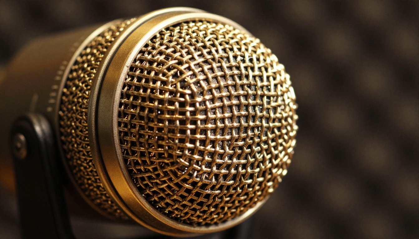 Extreme close-up of condenser microphone capsule with golden membrane