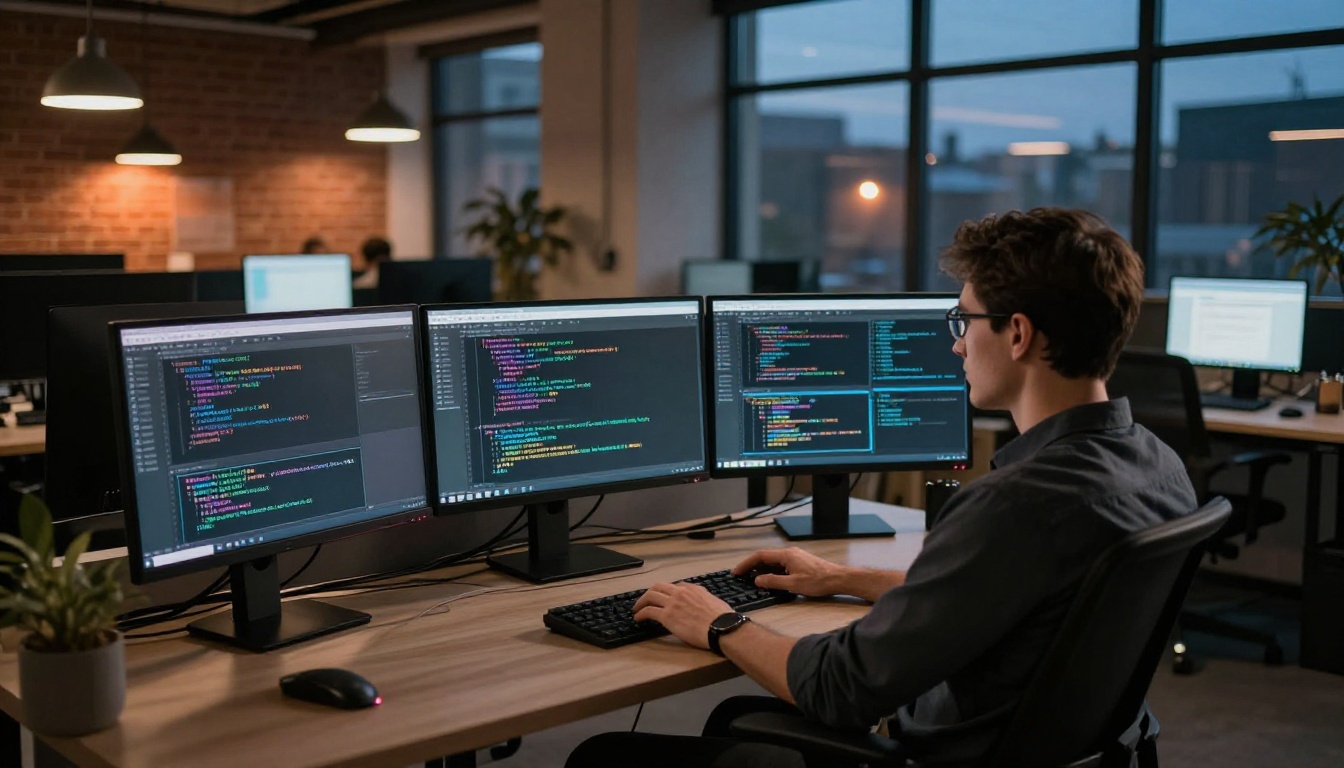 Male developer at standing desk with three monitors at blue hour