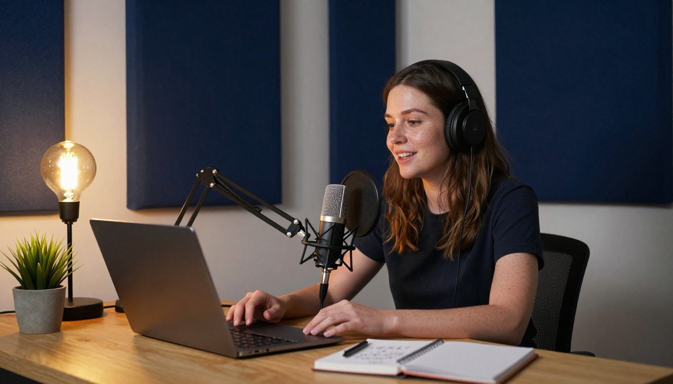 Podcaster woman smiling mid-sentence in cozy home studio