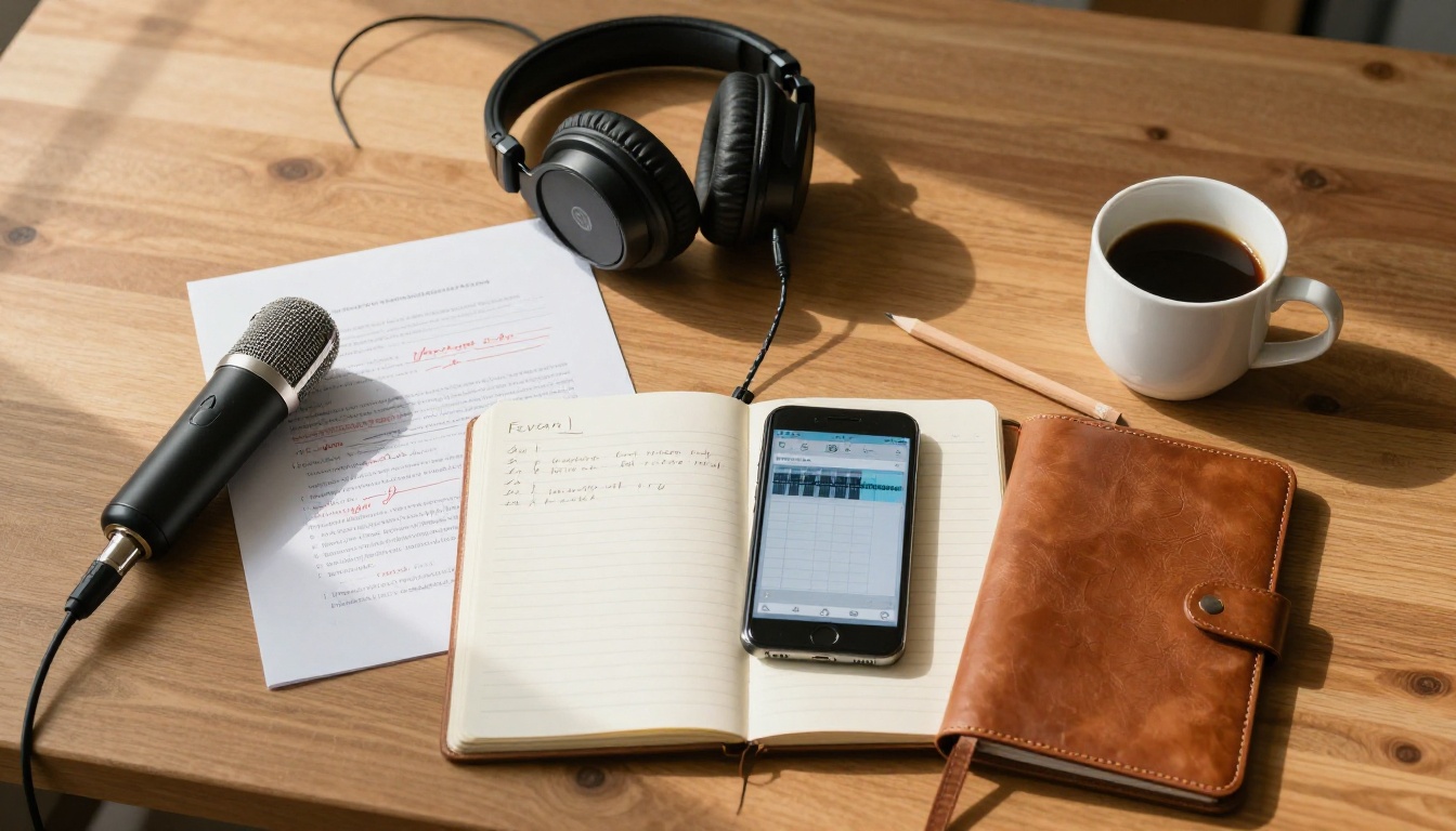 Top-down flat lay of audio production tools on wooden desk