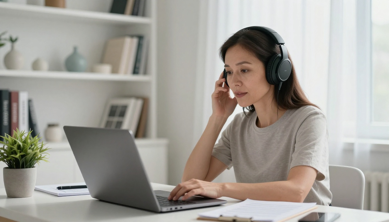 Marketing professional holding headphones in bright Scandinavian office