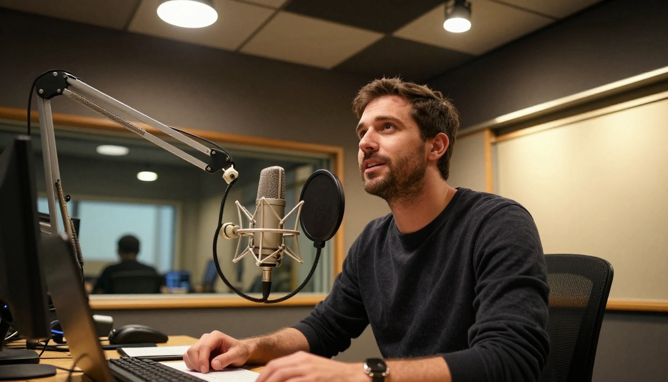 Man speaking into ribbon microphone in broadcast booth, low angle looking up