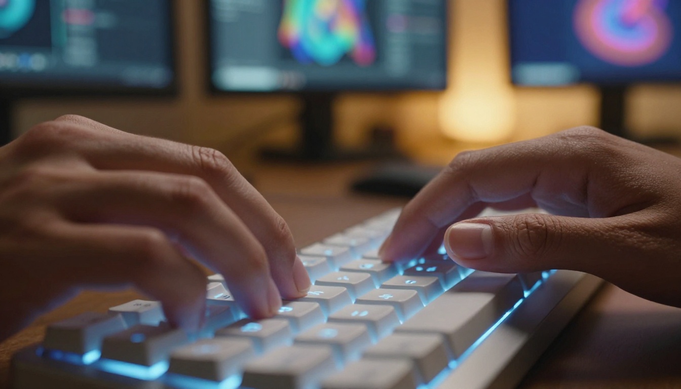 Hands hovering over backlit mechanical keyboard with colorful AI art generation interface glowing on blurred monitors behind