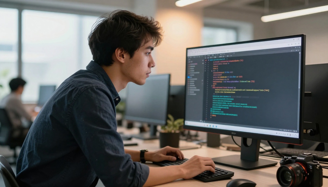 Young male engineer leaning forward at standing desk reading code and AI chat interface on a large 32-inch monitor
