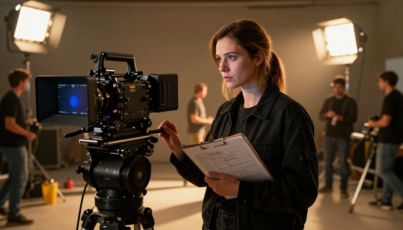 Female film director standing behind professional cinema camera on film set, reviewing footage with crew in soft background, warm tungsten lighting