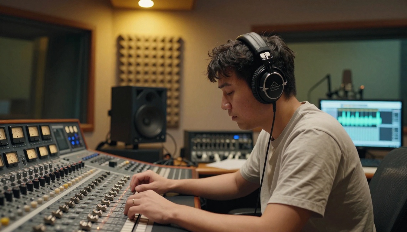 Music producer at professional recording studio console wearing closed-back headphones, eyes closed, warm amber recessed lighting