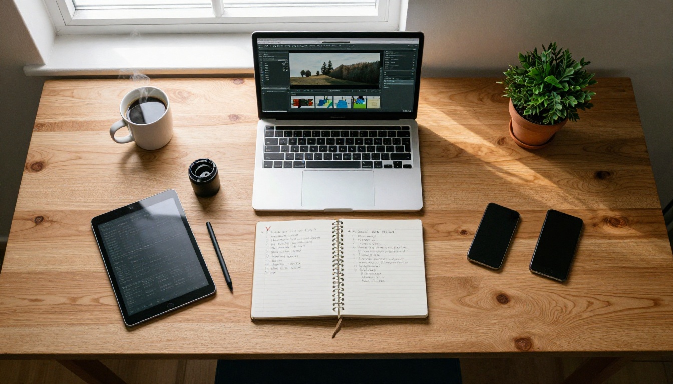Aerial flat-lay looking straight down at organized creative desk workspace with laptop, notebook, tablet, coffee, and small plant