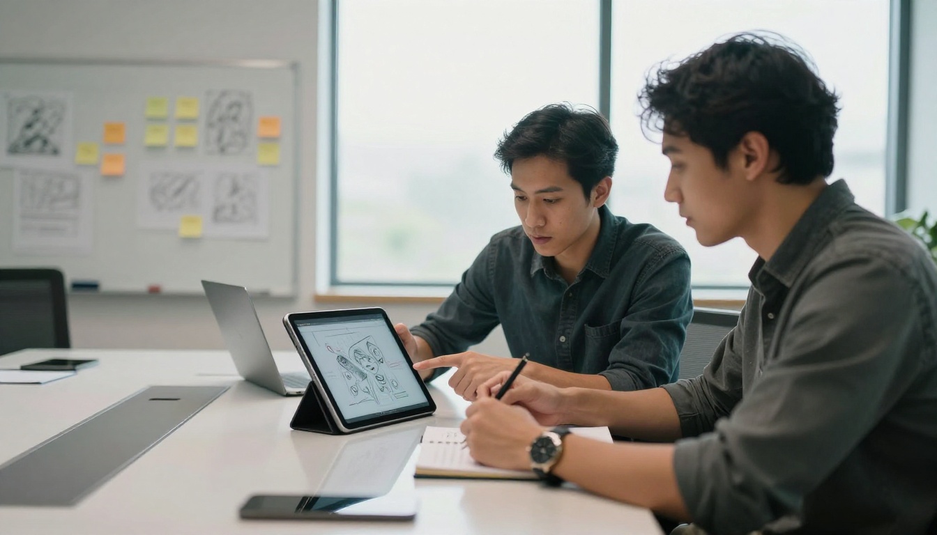 Two creative professionals collaborating over tablet showing digital artwork at modern conference table, clean daylight from floor-to-ceiling windows