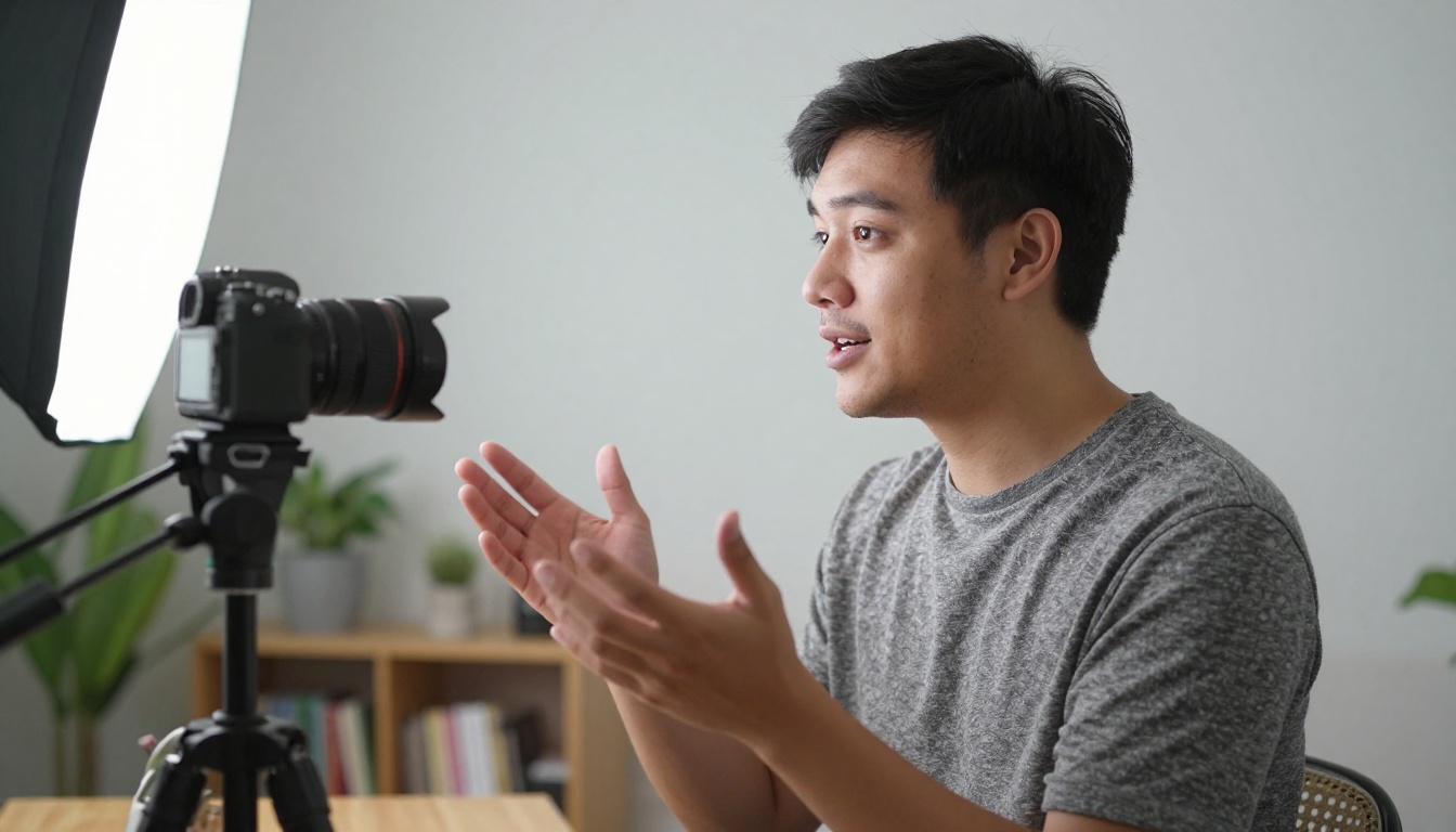 Male content creator recording video in home studio, gesturing expressively mid-sentence, softbox lighting and boom microphone visible