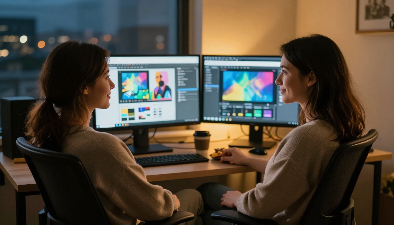Creative professional woman relaxed in ergonomic chair at dual monitor desk in evening, satisfied after completing a creative project