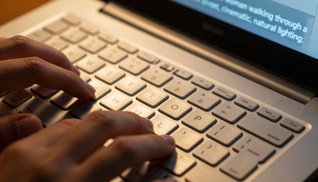 Close-up of a text prompt being typed for an AI video generation session on a laptop keyboard